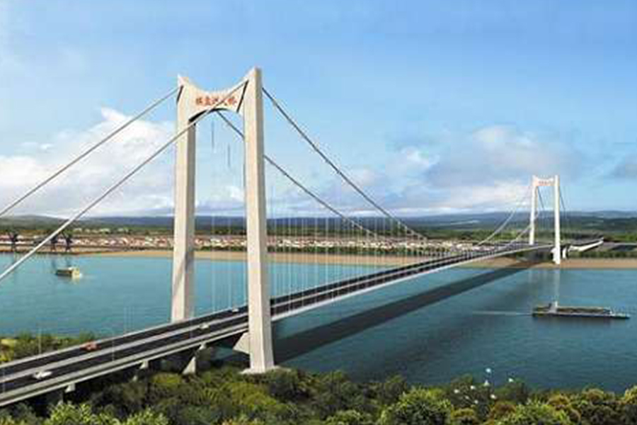 湖北棋盤洲長江公路大橋?yàn)榈劐^式懸索橋,主跨1038米。.jpg